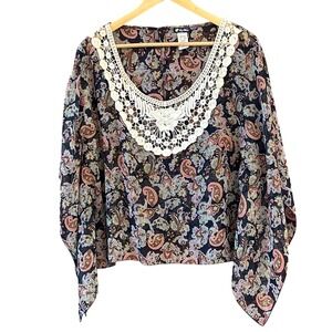 Lily White Boho Paisley Crochet Trim Blouse XL Made USA Festival Top Y2K Style
